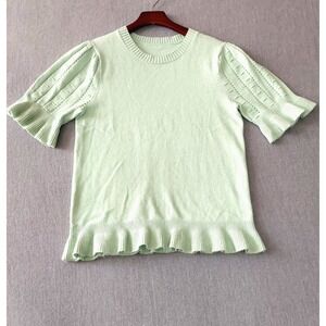 Womens Short Sleeve Knit Sweater Top L Green Puff Sleeve Ruffle Hem Cottagecore